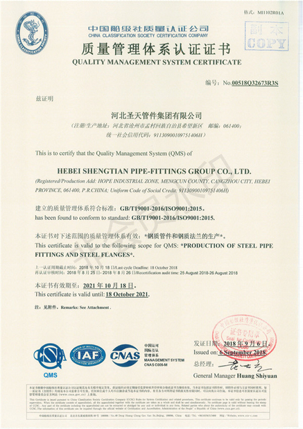 China Hebei Shengtian Pipe Fittings Group Co., Ltd. Certificaten
